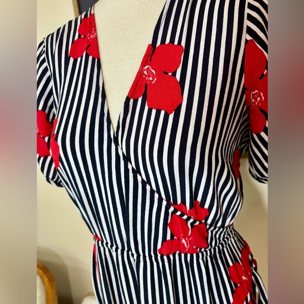 Madewell Black and White Striped Floral Print Faux Wrap Dress - Picture 6 of 12